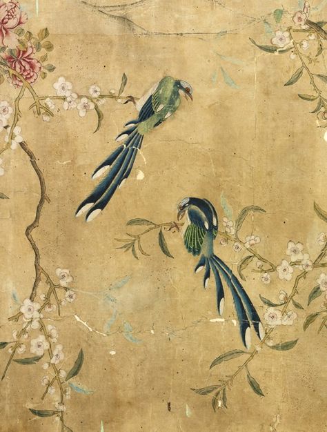 Panel of Chinese painted wallpaper van V&A - Wall Paper Interior, Chinoiserie Panels, Interior Wall Colors, Indochine Style, Painted Wallpaper, Chinese Wall, Chinoiserie Wallpaper, Image Bank, Brown Wallpaper