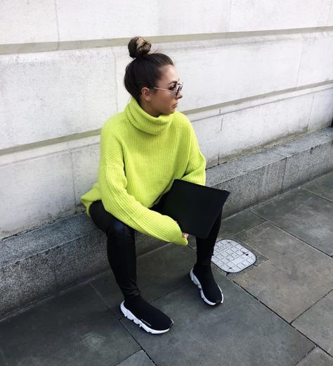 Neon Green Turtleneck Outfit, Lime Green Jumper Outfit, Lime Green Turtleneck Outfit, Neon Yellow Sweater Outfit, Balenciaga Speed Trainer Outfit Girl, Neon Sweatshirt Outfit, Balenciaga Speed Outfit Women, Lime Sweater Outfit, Neon Green Sweater Outfit