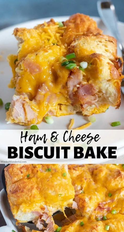 For an easy holiday breakfast recipe to feed a hungry crowd, make this Ham and Cheese Breakfast Casserole with Biscuits. Ham, cheese, eggs and biscuits baked together. Serve slathered with butter, drenched in white breakfast gravy or hollandaise sauce for the ultimate brunch or breakfast. #breakfastrecipes #casserolerecipes #breakfastcasserolerecipes #hamandcheeserecipes #hamrecipes #leftoverhamrecipes #brunchrecipes Ham And Cheese Breakfast Casserole, Cozy Casseroles, Casserole With Biscuits, Ham And Cheese Breakfast, Breakfast Gravy, Ham Breakfast Casserole, Granola Cups, Breakfast Casserole With Biscuits, Breakfast Granola