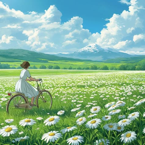 Top visual masterpiece presented by ThetaCursed, License: CC BY-NC 4.0 Ghibli Illustration, Field Of Daisies, Daisy Field, The Queen's Gambit, Riding A Bike, Light Study, Beautiful Wallpaper, Digital Art Tutorial, Beautiful Wallpapers