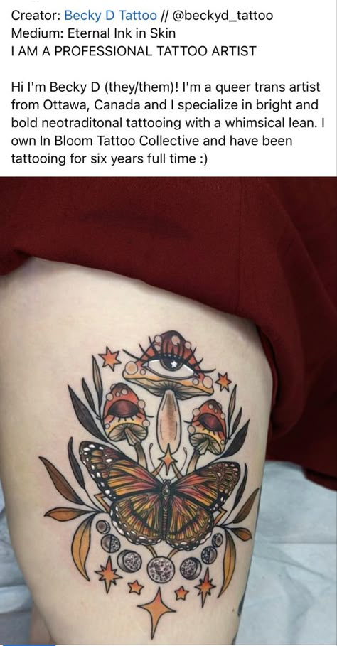 Butterfly, mushrooms, moon and stars Traditional Cottagecore Tattoo, Butterfly Nature Tattoo, Luna Moth And Mushroom Tattoo, Mushroom Moth Tattoo, Mushroom And Butterfly Tattoo, Mushroom Chest Tattoo, Mushroom Butterfly Tattoo, March Tattoo, Butterfly And Mushroom