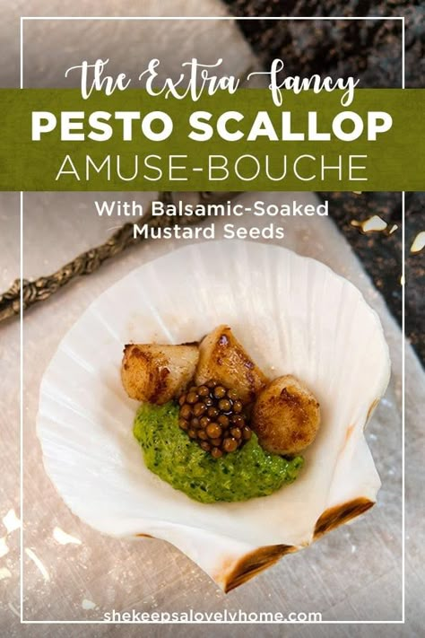 What could be more elegant that a pretty little pesto scallop amuse-bouche!? It's so lovely, so special and so simple to make! #amusebouche, #scalloprecipe, #scallops, #pesto Pesto Cream Sauce, Be More Elegant, Classic Christmas Recipes, Honey Shrimp, Fancy Appetizers, Seared Scallops, Appetizers For A Crowd, Scallop Recipes, Italian Appetizers