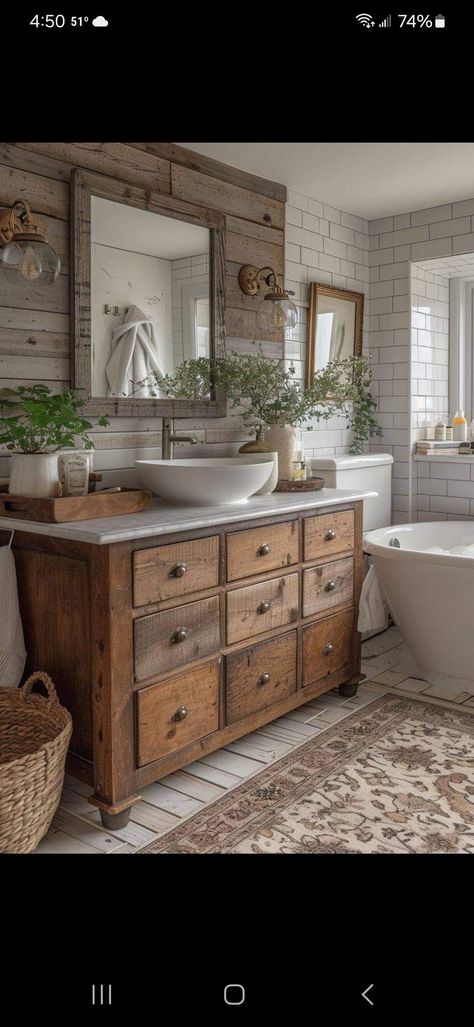 Butcher Block Bathroom Vanity, Butcher Block Bathroom, Modern Farmhouse Bathroom Ideas, Brick Floors, Mountain Farmhouse, Bathroom Vanity Ideas, Farmhouse Bathroom Ideas, Cozy Bathroom, Cabin Bathrooms