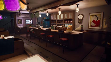 Cafe Leblanc - Persona 5 - UE4, Lucas Papini on ArtStation at https://www.artstation.com/artwork/kV962 Cafe Leblanc, Cozy Cafe, Smooth Jazz, Game Characters, Dream Apartment, Pastel Wallpaper, Unreal Engine, Environment Concept Art, Persona 5