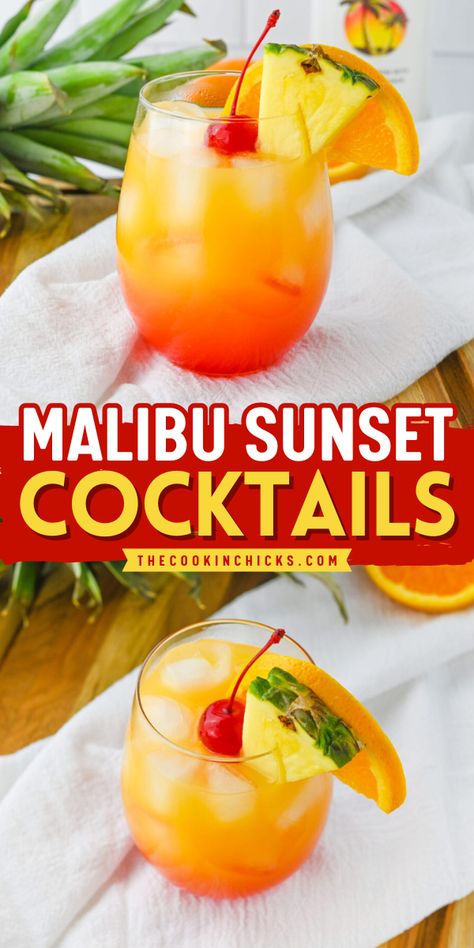 This Malibu Sunset Cocktail is a tropical drink that everyone will enjoy. Packed with fruity flavor, this easy to make drink nice to have for best summer cocktails. A nice layering of pineapple juice, orange juice, Malibu Coconut rum and cherries, this drink is good option for alcoholic labor day party drinks. It's picture perfect as it resembles a beatiful sunset. Malibu Rum Cocktails Easy, Malibu Rum Drinks Recipes Pineapple, Malibu Rum Drinks Recipes, Pineapple Alcohol Drinks, Easy Fruity Cocktails, Drinks Alcohol Recipes Easy, Malibu Rum Drinks, Coconut Rum Drinks, Tropical Drink Recipes