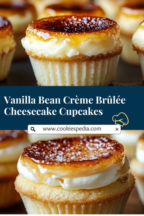 Impress your guests with this easy recipe for Vanilla Bean Crème Brûlée Cheesecake Cupcakes! Perfectly portioned for parties, these decadent treats feature creamy cheesecake with a crisp caramelized sugar topping. A show-stopping dessert everyone will love! Creme Brulee Cupcake, Creme Brulee Bites, Vanilla Bean Crème Brûlée Cheesecake Cupcakes, Cupcake Cheesecake Recipes, Creme Brulee Cookies, Sophisticated Desserts, Creme Brulee Cupcakes, Cupcakes Easy Recipe, Classy Desserts