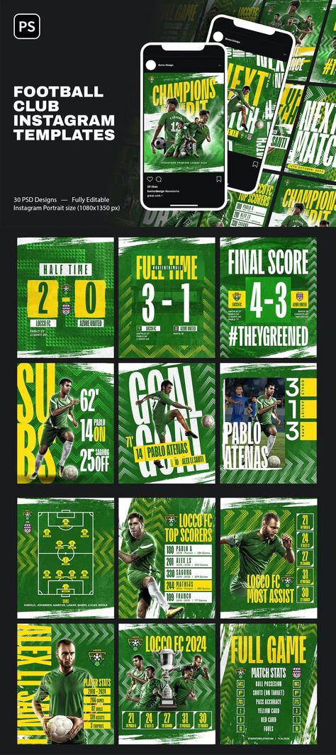 Instagram Sport Design, Football Instagram Post Design, Football Typography Design, Sports Instagram Post Design, Football Social Media Post, Squad List Design Football, Sport Template Design, Sports Instagram Feed, Match Results Poster