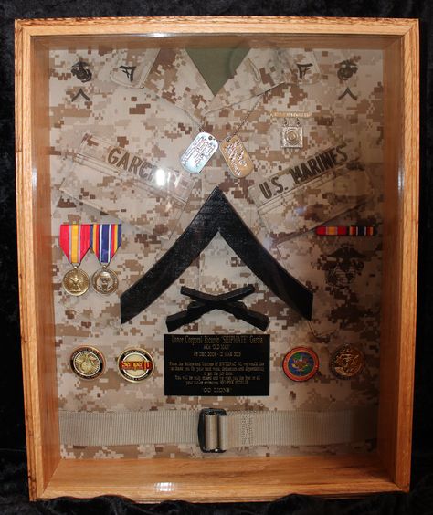 USMC shadow box Questions on design or price contact Lunawood1775@gmail.com Award Room, Shadowbox Ideas Diy, Usmc Shirts, Deployment Party, Shadowbox Ideas, Personal Project Ideas, Usmc Gifts, Police Retirement Gifts, Shadow Box Ideas