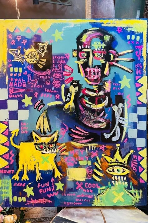 Punk Street Art, Neo Expressionism Tattoo, Post Expressionism, Neo Expressionism Art, Graffiti Canvas Painting, Abstract Graffiti Art, Basquiat Style, Basquiat Paintings, Golden Cat