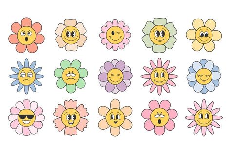 Set of cartoon flowers with different faces. Set of cute funky hippie flowers. Retro 70s atmosphere, psychedelic groove elements. Icons in cartoon style, vector Hippy Flowers, Funky Flowers, Cartoon Flower, Flower Cartoon, Funny Small Tattoos, Face Doodles, 70s Cartoons, Summer Tattoo, Hippie Aesthetic