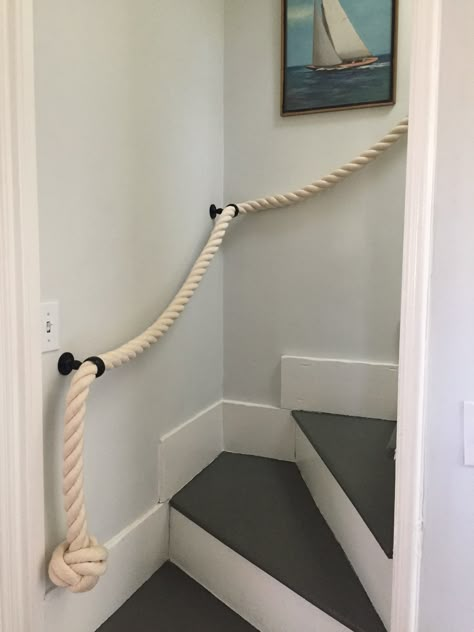 Back Staircase, Stair Moulding, A-frame Interior, Nautical Outdoor Decor, Rope Railing, Sailing Decor, Loft Staircase, Garage Organisation, Knot Rope