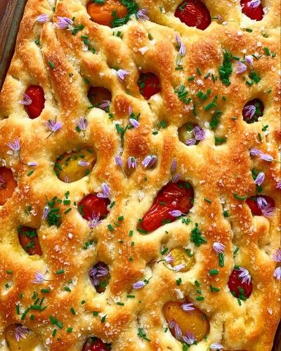 Heirloom Tomato and Chive Blossom Focaccia Weird Cravings, Chives Recipe, Megan Mitchell, Chive Blossom, Foccacia Bread, Simple Bread, Heirloom Tomato, Food Names, Easy Bread