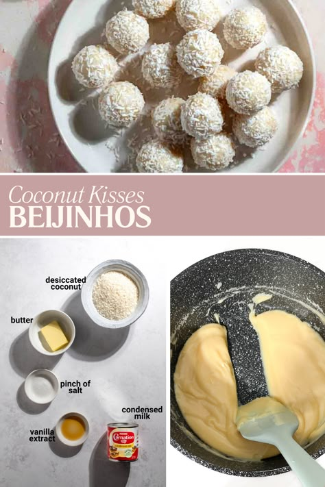 Beijinhos on a white plate. Coconut Brigadeiro Recipe, Brazilian Birthday Party Food, Brazilian Cookies, Brazilian Food Recipes, Coconut Kisses, Brazilian Brigadeiro, Brigadeiro Recipe, Brazil Food, Brazilian Recipes