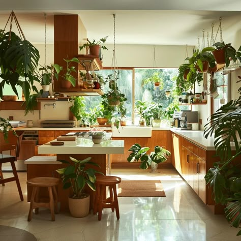 Mid Century Modern With Plants, Small 70s Kitchen, Mid Century Modern Loft Apartment, Mcm Kitchen Island, Mid Century Modern Home Design, Scandi Kitchen Design, Kitchen With Plants, Mid Century Decorating Ideas, Mid Century Modern Kitchen Island