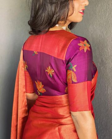 Two Colours Blouse Designs, Trendy Blouse Designs For Silk Sarees, Colour Blouse Designs, Patchwork Blouse Designs, Blouse Designs High Neck, Cotton Saree Blouse Designs, Cotton Blouse Design, Blouse Designs Catalogue, Saree Blouse Neck Designs