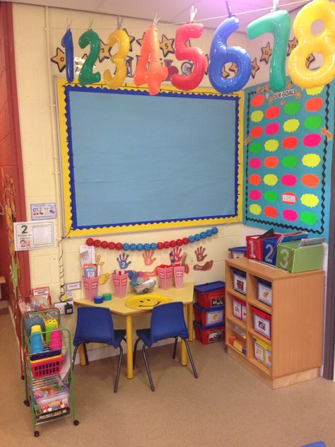 Maths corner in reception Print Rich Classroom Environment Preschool, Numeracy Corner Preschool, Corner Classroom Ideas, Math Corner Classroom Ideas, Maths Area Eyfs, Classroom Ideas Preschool, Preschool Layout, Math Corner, Classroom Display Boards