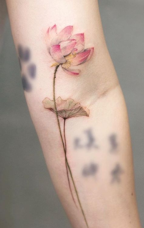 Lotus Leaves Tattoo, Teeny Tattoos, Lotus Tattoo Ideas, Tibetan Tattoo, Lotus Tattoos, Water Lily Tattoos, Colored Tattoo, One Word Tattoos, Hello Kitty Tattoos