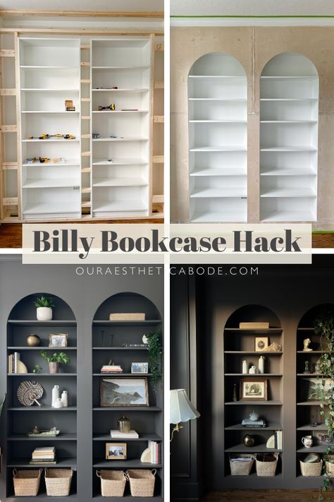 Arched Built Ins, Diy Built Ins, Billy Ikea, Bookcase Hack, Billy Bookcase Hack, Ikea Billy Bookcase Hack, Ikea Billy Bookcase, Painting Concrete Porch, Ikea Furniture Hacks