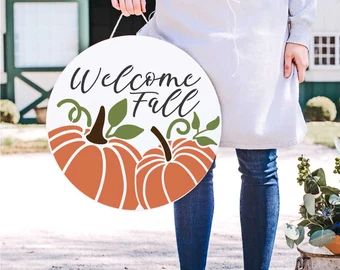 WallCutz (by Anita Orr) - Etsy Welcome Fall Wreath, Fall Wood Wreath, Painted Wooden Rounds, Round Fall Door Hangers, Fall Round Wood Signs, Pumpkin Welcome Sign, Stenciled Doors, Circle Signs, Wooden Rounds