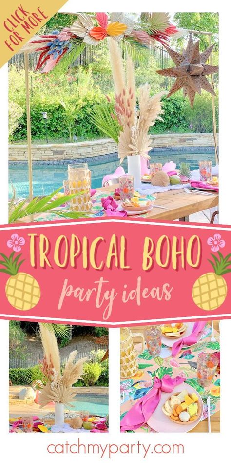 Take a look at this wonderful tropical summer boho dinner party! The table settings are stunning! See more party ideas and share yours at CatchMyParty.com Boho Tropical Party, Boho Hawaiian Party, Boho Luau Party, Tiki Pool Party Ideas, Tropical Boho Party Decor, Tropical Boho Party, Boho Tropical Birthday Party, Boho Chic Pool Party, Summer Birthday Themes For Women