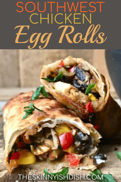 Filled with chicken, peppers, onions, black beans, corn and more these amazing Southwest Chicken Egg Rolls are an amazing appetizer, snack and even meal to cook up tonight!  Air Fryer or baked for the perfect crispiness without all the fat and calories of frying, these are the perfect lightened up dish!  #theskinnyishdish #southwest #chicken #eggrolls #freestylesmartpoints #weightwatchers #ww Healthy Southwest Eggrolls, Ww Southwest Eggrolls, Baked Southwest Eggrolls, Ww Egg Rolls, Southwest Chicken Egg Rolls, Chicken Peppers And Onions, Chicken Egg Rolls, Chicken Spring Rolls, Southwest Chicken