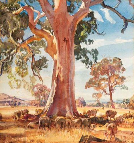 Rural Landscape with Gums and Grazing Sheep - HANS HEYSEN Farm Scene Painting, Australia Landscape, Australian Painting, Acrylic Painting Inspiration, Tree Wall Murals, Farm Paintings, Watercolour Landscape, Country Paintings, Cow Painting