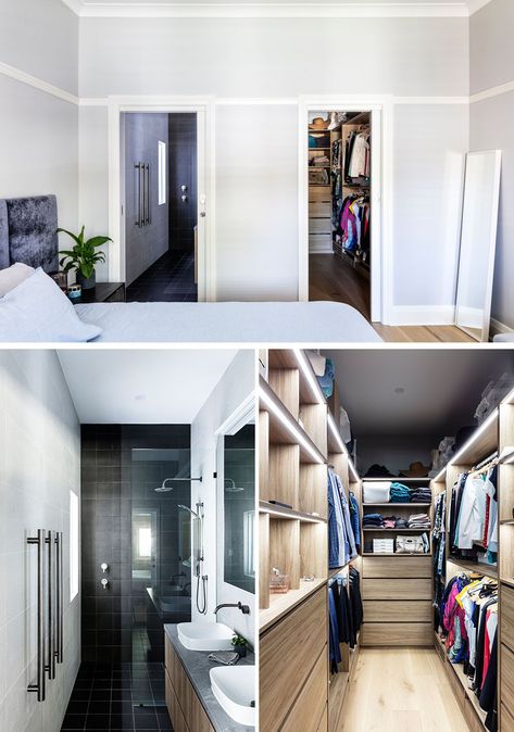 Adding Ensuite To Bedroom, Bedroom Bathroom Closet Layout, Walk Through Wardrobe To Ensuite, Walk Thru Closet To Bathroom, Ensuite And Walk In Robe Layout, Aesthetic Closet Ideas, Bedroom With Attached Bathroom, Walk In Wardrobe And Ensuite, Walking Closet Ideas