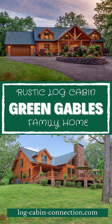 The Green Gables log cabin has 4 bedrooms and 4 bathrooms with a large open floor plan making it the ultimate family cabin home! Amazing Log Cabins, Log Cabin Home Plans, Log Cabin Driveway, Log Home Plans Open Floor, Log Cabin Exterior Ideas, 3 Bedroom Log Cabin, Large Open Floor Plan, 4 Bedroom Log Cabin Floor Plans, Log Cabin Floor Plans 3 Bedroom