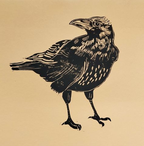 A hand drawn, carved and individually hand printed linocut, based on either a crow or raven who comes around our garden in the UK most afternoons.  He has been handprinted on white 220 gram artist paper (smooth) and Canson cream 260gr pastel paper, both are archival quality, and with professional water based inks. If you would prefer a different colour or size or medium please send me a message.  I have already framed and hung one of these for myself, as he is so striking and gets plenty of atte Crow Or Raven, Lino Art, A Crow, Crow Art, Crows Ravens, Pastel Paper, Handmade Artwork, Art Unique, Linocut Prints