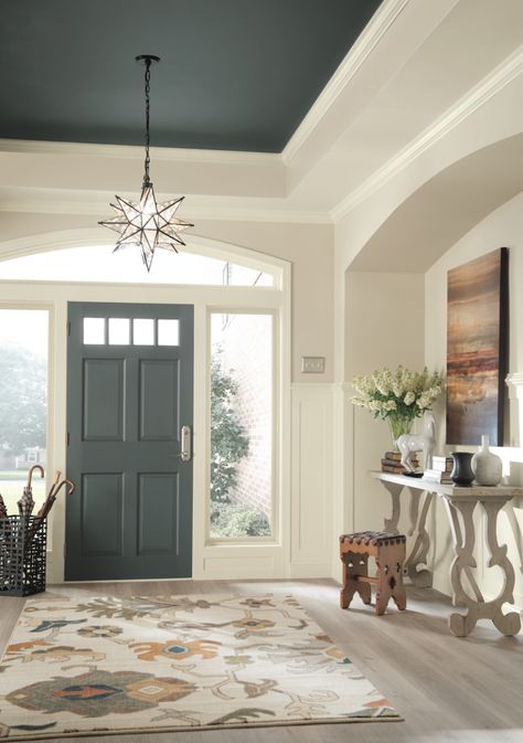 Passionate Craftsmanship: Sherwin-Williams 2016 Nouveau Narrative Palette: Sherwin-Williams 2016 Color Forecast | Nouveau Narrative (love this painted ceiling!) Foyer Colors, Foyer Paint Colors, Foyer Paint, Ceiling Paint Colors, Roofing Colors, Painted Ceilings, Dark Ceiling, Ceiling Painting, Shingle Colors