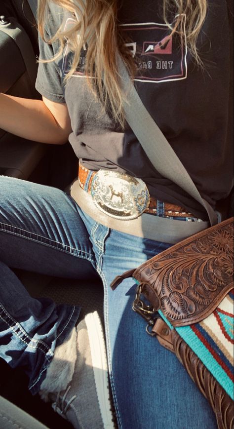 Western outfit, Hey Dude shoes, Buckle, Tooled Leather Belt, Western Purse Rodeo Buckles, Best Dressed Award, Casual Country Outfits, Western Clothes, Country Style Outfits, Country Girls Outfits, Warrior Girl, Cowgirl Outfits, Girls Outfits