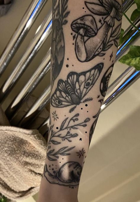 @ zeehell on insta & tiktok goblincore / cottagecore patchwork sleeve Cute Patchwork Sleeve Tattoo, Cluttered Tattoo Sleeve, Tatted Sleeves For Women, Cottagecore Arm Tattoo, Patchwork Cottagecore Tattoo, Earthy Tattoos Forearm, Tattoo Inspo Patchwork, Nature Themed Sleeve Tattoo Patchwork, Nature Patch Work Sleeve Tattoo