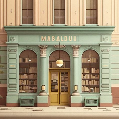 Wes Anderson Midjourney style | Andrei Kovalev's Midlibrary 2.0 Wes Anderson House Exterior, Wes Anderson Cafe, Wes Anderson Buildings, Wes Anderson Instagram Feed, Wes Anderson Set Design, West Anderson Aesthetic, Wes Anderson Architecture, Wes Anderson Kitchen, Wes Anderson Interior