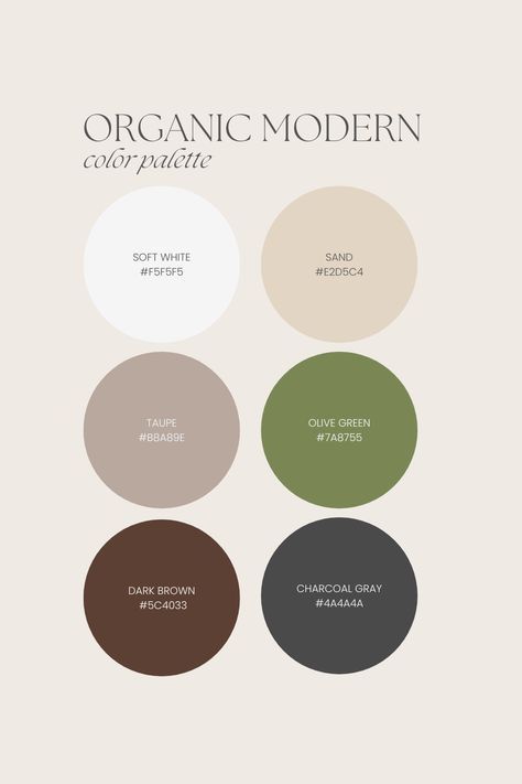 Explore our Organic Modern color palette! 🌿 Embrace nature's harmony with earthy shades like sand, taupe and charcoal gray. Create a calm, elegant space that brings the outdoors in. Perfect for modern yet grounded interiors! #OrganicModern #InteriorDesign #NatureInspired #ColorInspo #ColorPalette Edgy Organic Modern, Modern Interior Palette, Organic Modern Bathroom Paint Colors, Cozy Modern Color Palette, Color Palette Charcoal, Organic Green Color Palette, Neutral Natural Color Palette, House Color Palette Interior Modern, Organic Modern Color Palette Living Room