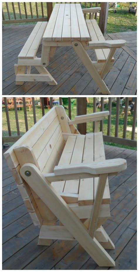 "Transformer" Bench / Picnic Table // built by YoungWoo in the Kreg Owners' Community Meja Outdoor, Folding Picnic Table Plans, Diy Picnic Table, Picnic Table Plans, Picnic Table Bench, Wooden Benches, Folding Bench, Folding Picnic Table, Diy Holz