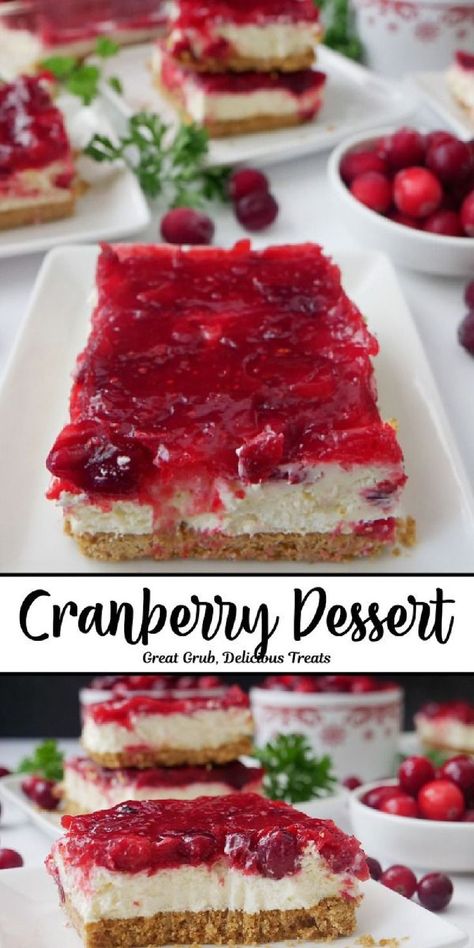 A double photo collage of cranberry dessert bars served on a white plate with small bowls of cranberries in the background. Cranberry Dessert Bars, Cranberry Crunch Recipe, Cranberry Cheesecake Bites, Cranberry Desserts, Cranberry Recipes Dessert, Cranberry Treats, Graham Cracker Crust Cheesecake, Cranberry Cheesecake Bars, Cheesecake Bars Easy