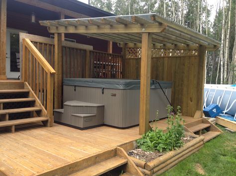 Deck Around Hot Tub Ideas, Roof Over Hot Tub Ideas, Hot Tub Deck Ideas Privacy, Diy Hot Tub Pergola, Covered Porch Hot Tub Deck Design, Deck Patio Combo Ideas With Hot Tub, Pergola With Hot Tub Patio Ideas, Hot Tub Enclosure Ideas Backyard, Hot Tub Covered Patio