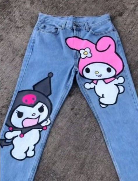 Hello Kitty Pants Painted, Painting Pants Idea, Jean Drawing Ideas, Aesthetic Painted Jeans, Ideas Para Pintar Pantalones, Custom Jeans Paint, Kuromi Jeans, Custom Jeans Aesthetic, Denim Painting Jeans