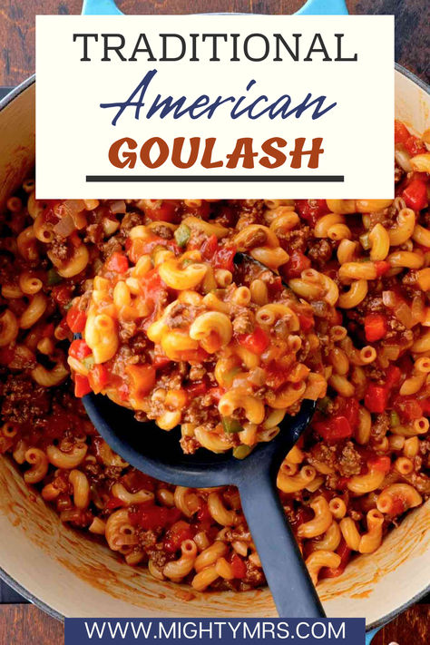 Traditional American Goulash is the perfect comfort food, just like Grandma made! A delicious meal made with bell peppers, onions, tomato sauce, diced or crushed tomatoes, Worcestershire sauce and elbow macaroni pasta. An easy dinner that tastes great and feeds a large family or a small crowd. Freezer friendly too. Ground Beef Goulash, Macaroni And Tomatoes, Old Fashioned Goulash, American Goulash, No Bake Sugar Cookies, Goulash Recipes, Italian Spices, Macaroni Pasta, Family Friendly Dinners