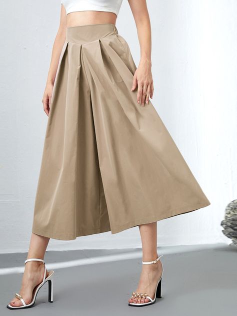 Khaki Elegant   Polyester Plain Culottes  Non-Stretch Spring/Summer/Fall Women Bottoms Luxury Women's Summer Culottes, Elegant Ankle-length Culottes With Loosely Fitted Hips, Elegant Spring Skirt-style Culottes, Chic Fitted Ankle-length Culottes, Luxury Ankle-length Culottes With Pockets, Culottes Skirt, Culottes Pants, Culottes Outfit, Culotte Shorts