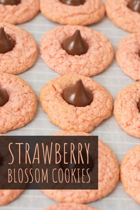 Strawberry Blossom Cookies, or Strawberry Hershey Kiss Cookies, are a family favorite! They're so easy to make! Strawberry Blossom Cookies, Blossom Cookies Recipe, Kiss Cookie Recipe, Strawberry Blossom, Hershey Kiss Cookies, Honey Butter Recipe, Strawberry Butter, Recipe Strawberry, Blossom Cookies