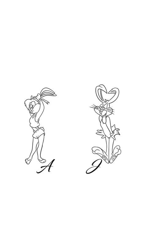 Bugs And Lola Tattoo, Couple Tattoo Stencil, Matching Disney Tattoos, Cartoon Tattoo Ideas, Best Friend Tattoo, Partner Tattoos, Couple Matching Tattoo, Cartoon Tattoo, Bug Tattoo