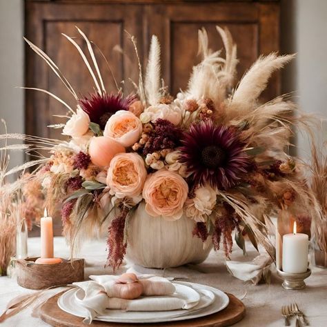 Nature Table Decorations, Thanksgiving Pumpkin Flower Arrangements, Simple Country Centerpieces, Unique Fall Centerpieces, Large Boho Floral Arrangements, Boho Chic Bridal Shower Centerpieces, Flat Table Centerpiece, White Fall Floral Arrangements, Tall Fall Arrangements Floral Design