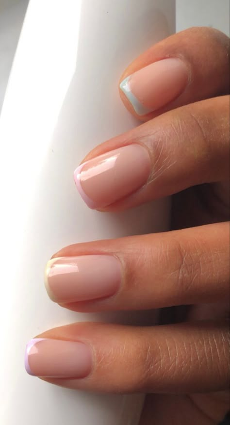 Pastel Tips Short Nails, Pastel French Manicure Short, French Manicure Pastel Tips, Short Pastel French Nails, Short French Manicure With Color Tips, Short Gel Shellac Nails, French Builder Gel Nails, Pastel Rainbow Tip Nails, Lilac French Tip Nails Short