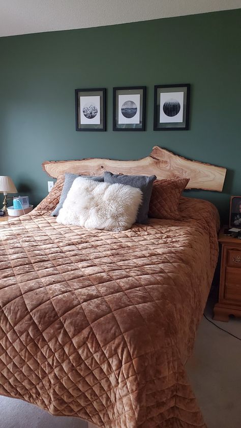 Live Wood Headboard, Raw Edge Headboard, Live Edge Bed Headboard, Live Edge Headboard Diy, Redwood Headboard, Live Edge Wood Headboard, Live Edge Bedroom, Alaskan Homestead, Goblincore Room Decor