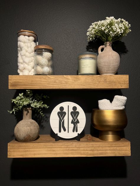 This cute bathroom sign is perfect for any bathroom. It makes the perfect accent sign for your bath decor. It will Include a handmade wood easel like pictured. Sign measures 7x7 and is made out of 1/4 wood to make this sign sturdy. Sign is laser cut and spray painted, indoor use only. listing is only for white round sign, no other decor included Half Bathroom Wall Decor, Beige Bathroom Decor, Half Bath Decor, Zen Bathroom Decor, Small Half Bathroom, Apartment Accessories, Cute Bathroom, Guest Bathroom Decor, Full Bathroom Remodel