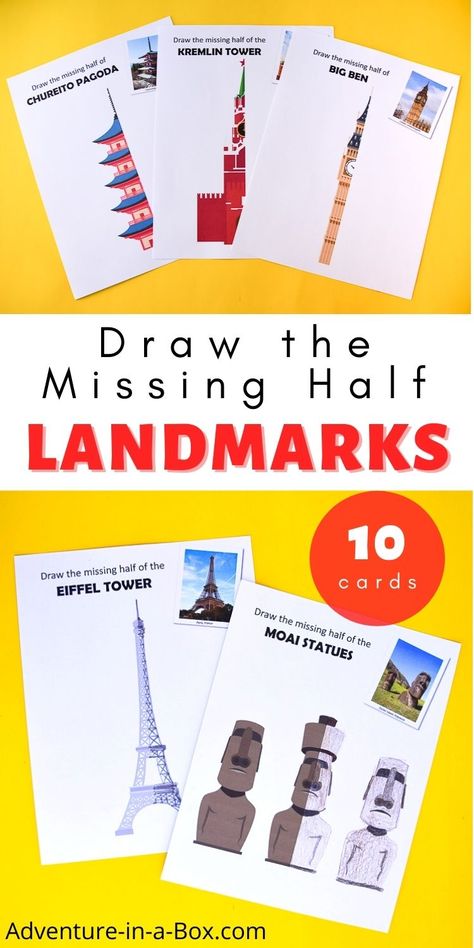 Use architectural landmarks to explain symmetry to children, then create simple landmark drawings with these printable draw-the-missing-half art prompts! #homeschool #homeschooling #geography #landmarks Landmark Drawings, Preschool Social Studies, Fun Printables For Kids, Homeschool Coop, Architectural Landmarks, Art Handouts, School Age Activities, Steam Ideas, Fun Facts About Animals