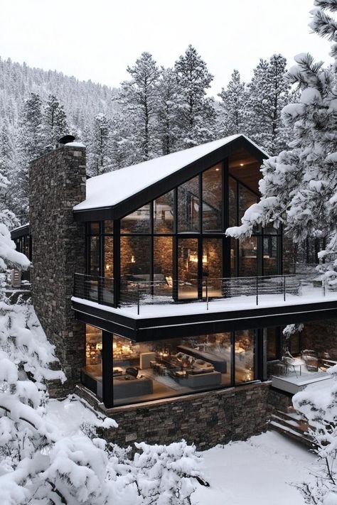 Mountain Glass House, House Plans Mountain Home, Luxury A Frame Homes, Montana Aesthetic Home, Glass Mountain House, Stone And Glass House, Modern Chalet Architecture, Mountain Side Homes, Mountain House Aesthetic