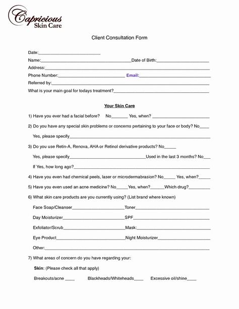 Esthetician Client Consultation form Template Beautiful Beauty therapy Client Consultation form Template Esthetics Classroom, Salon Consultation Form, Esthetician Life, Client Consultation, Makeup Consultation, Facial Room, Dreams Spa, Esthetics Room, Esthetician Room