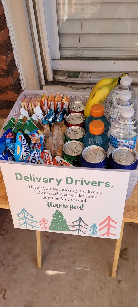 Holiday Snacks For Delivery Drivers, Delivery Guy Snacks, Delivery Driver Treats, Front Porch Snack Basket, Holiday Treats For Delivery Drivers, Snack Ideas For Delivery Drivers, Snack Box For Delivery Drivers, Snacks And Drinks For Delivery Drivers, Thank You Snacks For Delivery Drivers